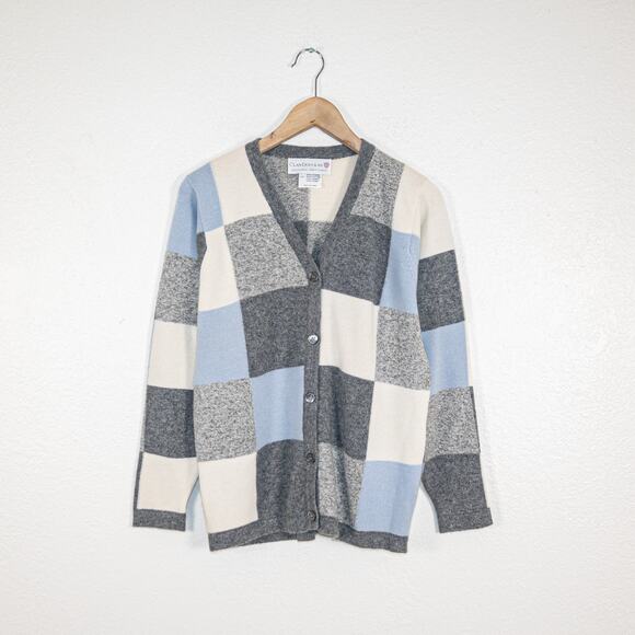 Clan Douglas 100% Cashmere Cardigan Sweater Grey Blue checker size Medium - Picture 2 of 9